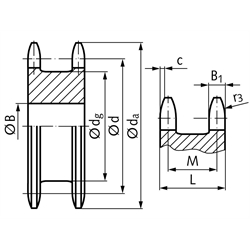 Doppel-Kettenrad ZREG für 2 Einfach-Rollenketten 16 B-1 1"x17,02mm 12 Zähne Material Stahl Zähne gehärtet, Technische Zeichnung