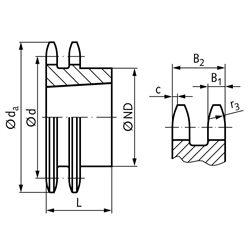 Zweifach-Kettenrad ZRT 16 B-2 1"x17,02mm 28 Zähne Material Stahl für Taper-Spannbuchse Typ 3020 , Technische Zeichnung