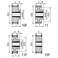 Zahnriemenrad aus Stahl Profil AT10 25 Zähne für Riemenbreite 16mm für Taper-Spannbuchse 1210, Technische Zeichnung