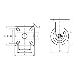 Apparaterolle mit Lochplatte TPE-Rad Gummi grau leichte Ausführung Bockrolle Rad-Ø 75, Technische Zeichnung
