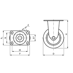 Apparaterolle mit Lochplatte TPE-Rad Gummi grau schwere Ausführung Bockrolle Rad-Ø 100, Technische Zeichnung