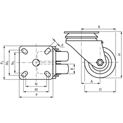 Apparaterolle mit Lochplatte TPE-Rad Gummi grau Doppellenkrolle Rad-Ø 75, Technische Zeichnung