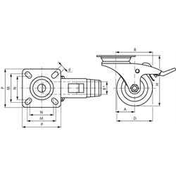 Kompaktrollen, Lenkrollen mit Feststeller und Lochplatte, TPU-Rad, Technische Zeichnung