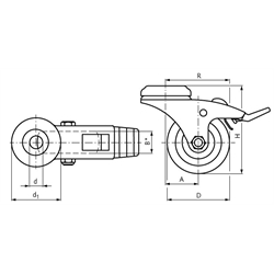 Kompaktrollen, Lenkrollen mit Feststeller und Rückenloch, TPU-Rad, Technische Zeichnung