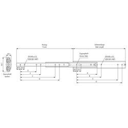 Auszugschienen DS 5321, Breite 19,1 mm, bis 180 kg, Edelstahl, Überauszug, Technische Zeichnung