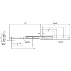 Auszugschienensatz DS 5334 Schienenlänge 700mm rostfreier Stahl 1.4301, Technische Zeichnung