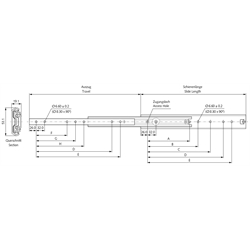 Auszugschienen DZ 5321, Breite 19,1 mm, bis 160 kg, Überauszug, Einhalterung, Technische Zeichnung
