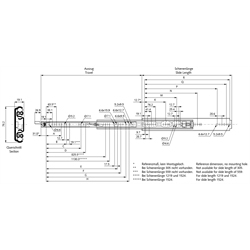 Auszugschienen DZ 9308, Breite 19,1 mm, bis 227 kg, Vollauszug, Verriegelung, Technische Zeichnung