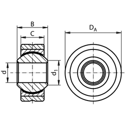 Gelenklager DIN ISO 12240-1, K, Edelstahl, mit Außenring, wartungsfrei, Technische Zeichnung