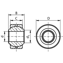 Gelenklager DIN ISO 12240-1, K, Edelstahl, ohne Außenring, nachschmierbar, Technische Zeichnung