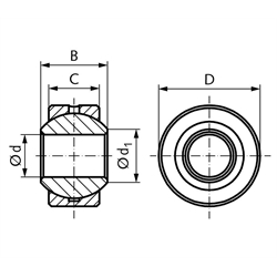 Gelenklager DIN ISO 12240-1, K, Edelstahl, ohne Außenring, nachschmierbar, Technische Zeichnung