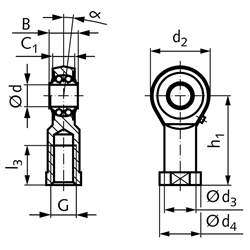 Gelenkköpfe BR DIN ISO 12240-4, K, Pendelkugellagerung, Innengewinde, Technische Zeichnung