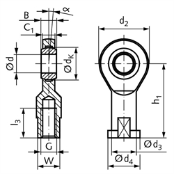 Gelenkkopf GEW DIN 12240-4 Maßreihe E Innengewinde M14 links wartungsfrei, Technische Zeichnung