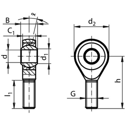 Gelenkköpfe GT-R DIN ISO 12240-4, K, Edelstahl, wartungsfrei, Außengewinde, Technische Zeichnung