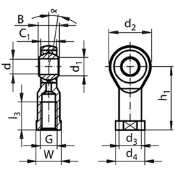 Gelenkköpfe GT DIN ISO 12240-4, K, wartungsfrei, Innengewinde, Technische Zeichnung
