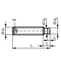 Gewindestifte DIN 6332 mit Druckzapfen, mit Innensechskant, Edelstahl, Technische Zeichnung