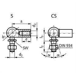 Winkelgelenke DIN 71802, Stahl verzinkt, Technische Zeichnung