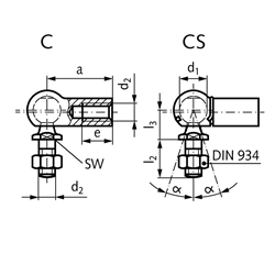 Artikel 63650800 - Winkelgelenk DIN 71802 Ausführung C Größe 13 Gewinde M8  links mit Mutter Stahl verzinkt