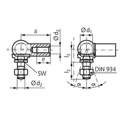 Winkelgelenke DIN 71802, Stahl verzinkt, mit Dichtkappe, Technische Zeichnung