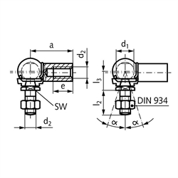 Winkelgelenke DIN 71802, Edelstahl, mit Dichtkappe, Technische Zeichnung