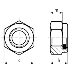 Sechskantmutter DIN 985 (ähnlich DIN EN ISO 10512) mit Klemmteil aus Polyamid M10x1,0 Stahl verzinkt Festigkeit 10, Technische Zeichnung