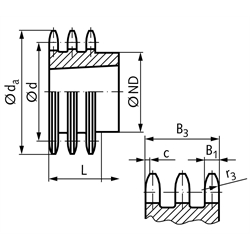 Dreifach-Kettenrad DRT 20 B-3 1 1/4" x 3/4" 76 Zähne Material Grauguss für Taper-Spannbuchse Typ 4040, Technische Zeichnung