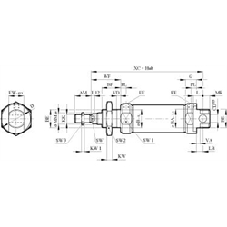 Doppeltwirkende Rundzylinder nach ISO 6432 mit Magnetkolben (Endlagenpuffer), Technische Zeichnung