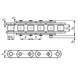 Einfach-Rollenkette ähnlich DIN ISO 606 12 B-1-GL mit geraden Laschen, Technische Zeichnung