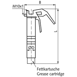 Einhand-Fettpresse mit Lube-Shuttle® System, Anschlussgewinde M10x1, Hochdruck-Gummipanzerschlauch, Technische Zeichnung