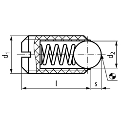 Federndes Druckstück M8 Ausführung P mit Kugel und Schlitz Material Hülse und Kugel aus POM , Technische Zeichnung