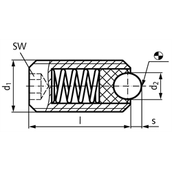 Federnde Druckstücke mit beweglicher Kugel und Innensechskant, Stahl, Technische Zeichnung