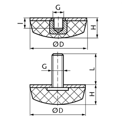 Gummi-Metall-Anschlagpuffer MGK, konische Ausführung, Stahl verzinkt, Technische Zeichnung