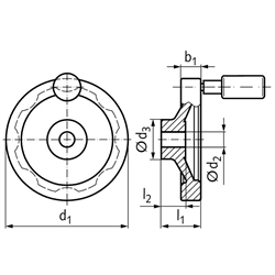 Scheiben-Handräder 323, Aluminium, mit drehbarem Zylindergriff, Technische Zeichnung