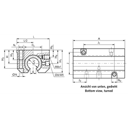 Tandem-Linearkugellager-Einheiten KGT-3-STO ISO-Reihe 3, mit offenen Stahl-Linearkugellagern, Technische Zeichnung