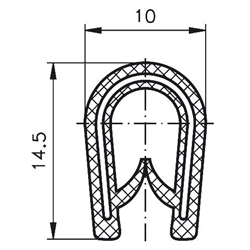 Kantenschutzprofil PVC schwarz Klemmbereich 1,0 - 4,0 mm Höhe 14,5mm Breite 10mm, Technische Zeichnung