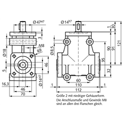 Kegelradgetriebe DZA, Bauart H, Größe 2, bis 17 Nm, Technische Zeichnung