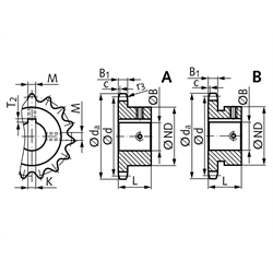 Kettenräder KRF 16 B-1, Teilung 1" x 17,02 mm, Technische Zeichnung
