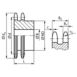 Zweifach-Kettenräder ZRS mit Nabe, ISO 05 B-2,  Teilung 8 mm, Technische Zeichnung