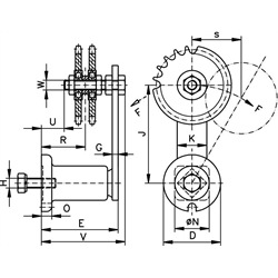 Kettenspanner für Zweifach-Rollenkette 10 B-2 5/8X3/8" bestehend aus 14052601 + 14080300, Technische Zeichnung