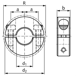 Geteilter Klemmring aus Stahl C45 brüniert Bohrung 10mm mit Schrauben DIN 912 12.9 Ausf. S, Technische Zeichnung