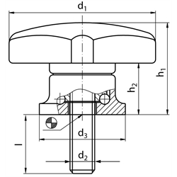 Kreuzgriffschraube mit Axiallager Thermoplast Durchmesser 50mm M8 x 35mm , Technische Zeichnung