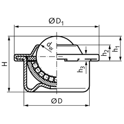 Kugelrolle 330 mit Stahlblechgehäuse Kugeldurchmesser 22mm , Technische Zeichnung