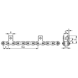 Flachlaschen-Rollenkette12 B-1-M1, 6xp mit beidseitigen schmalen Flachlaschen mit 1 Befestigungsbohrung am Aussenglied im Abstand 6xp , Technische Zeichnung