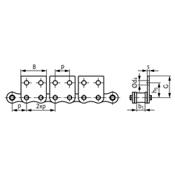Rollenketten mit Flachlaschen M2 = breite Form, 2 x p, einseitig, Edelstahl, Technische Zeichnung