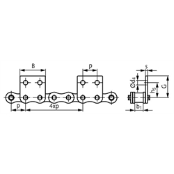 Flachlaschen-Rollenkette 10 B-1-M2, 4xp mit einseitigen breiten Flachlaschen mit 2 Befestigungsbohrungen am Aussenglied im Abstand 4xp , Technische Zeichnung