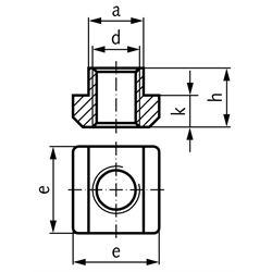 Muttern DIN 508 für T-Nuten DIN 650 / ISO 299, verzinkt, Technische Zeichnung