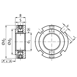 Präzisions-Nutmutter MZM 25 mit Sicherungsstiften Gewinde M25 x 1,5, Technische Zeichnung