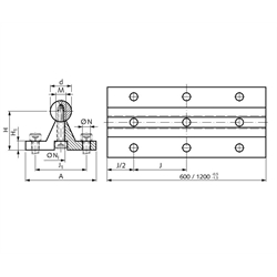 Präzisions-Wellenstahl mit Wellenunterstützung Ø 12h6 x 1200mm lang , Technische Zeichnung