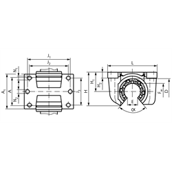 Offenes Präzisions-Gehäuse KG-O ISO-Reihe 3 Gehäuse-Bohrung 32mm für offene Linearlager für Wellen-Ø 20mm, Technische Zeichnung