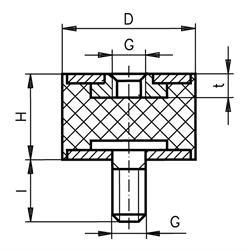 Metall-Gummipuffer MGA mit Muttergewinde und Gewindestück, Stahl verzinkt, Technische Zeichnung